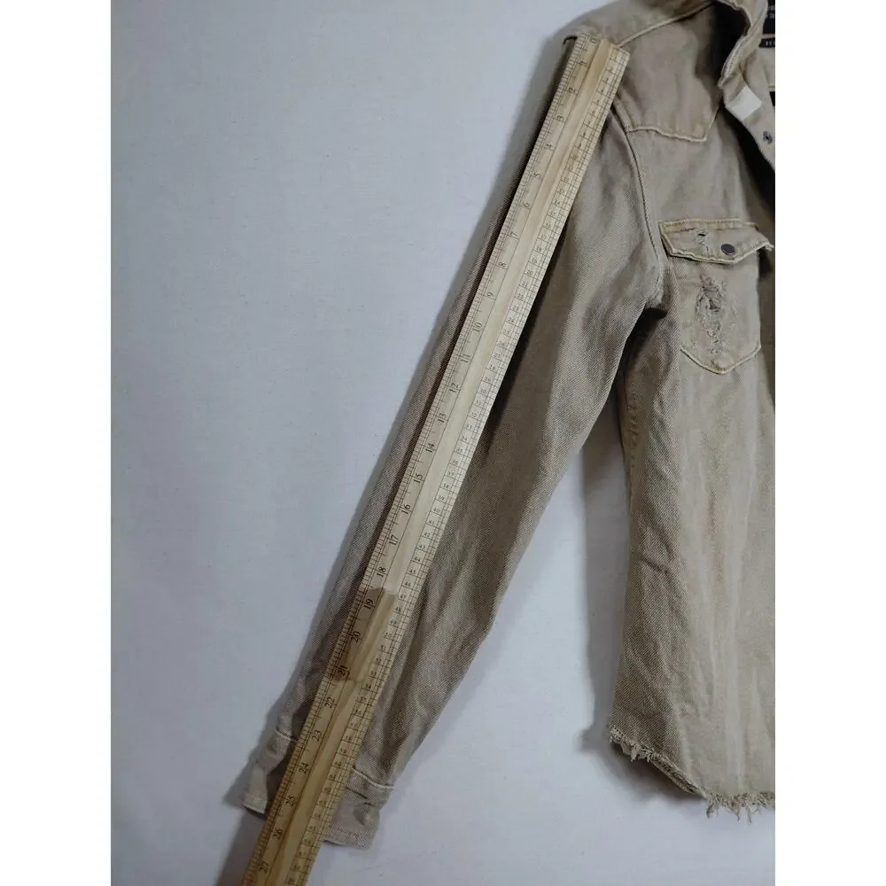 Zara Man Beige Denim Collared Distressed Raw Hem Jacket Men Size S